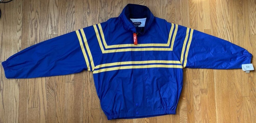 Vintage Nautica Hammond Blue Yellow Stripe Hooded Windbreaker Jacket XL NOS NWT